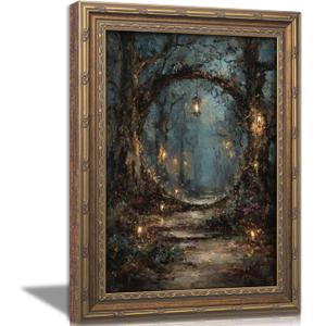 Vintage Gold Framed Wall Art, Gothic Victorian Forest Painting Canvas Print, Dark Academia Lanterns in Trees Picture Painting Wall Decorc, Moody Forest Picture Poster Artwork for Living Room Bedroom
