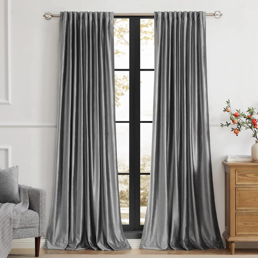 PRIMROSE Dark Grey Velvet Curtains 96 inch Long for Living Room,Set of 2 Panels Blackout Rod Pocket Back Tab Window Treatment Room Darkening Heavy Decorative Curtains Drapes for Bedroom