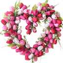 TEMPUS Valentines Day Wreath for Front Door with White Pink Red Tulip and Green Leaf Valentines Heart Wreath for Wedding Festival Decor