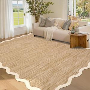 GarveeHome Scalloped Washable Area Rug 4x6 Small Entryway Rug Non Slip Modern Soft Accent Rugs for Bedroom Nursery Low Pile Stain Resistant Carpet for Office, 4 ft x6 ft (Scalloped|light Brown)