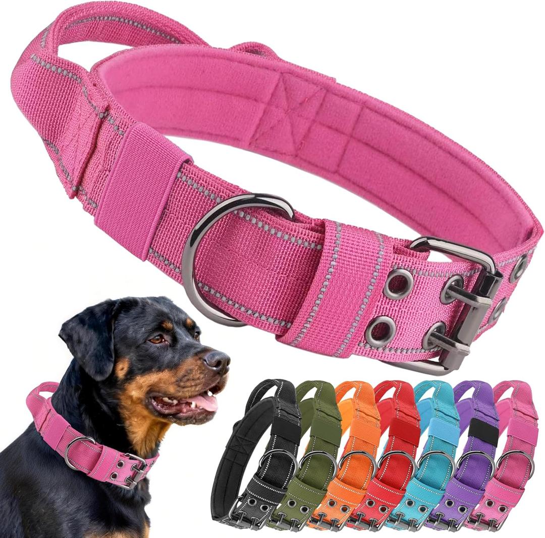 Tactical Dog Collar with Control Handle, Military Adjustable Pet Collar Reflective Heavy Metal Buckle Dog Collar, Soft Nylon Training Collar for Medium Large Dogs (Rose Red, Medium)