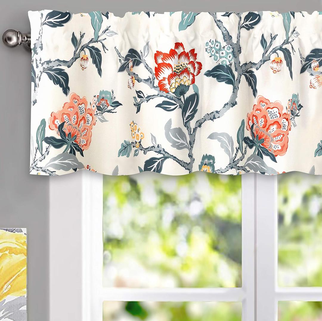 DriftAway Ada Botanical Print Lined Flower Leaf Thermal Insulated Window Valance Rod Pocket 52 Inch by 14 Inch Plus 1.75 Inch Header Ivory Orange Teal 1 Pack