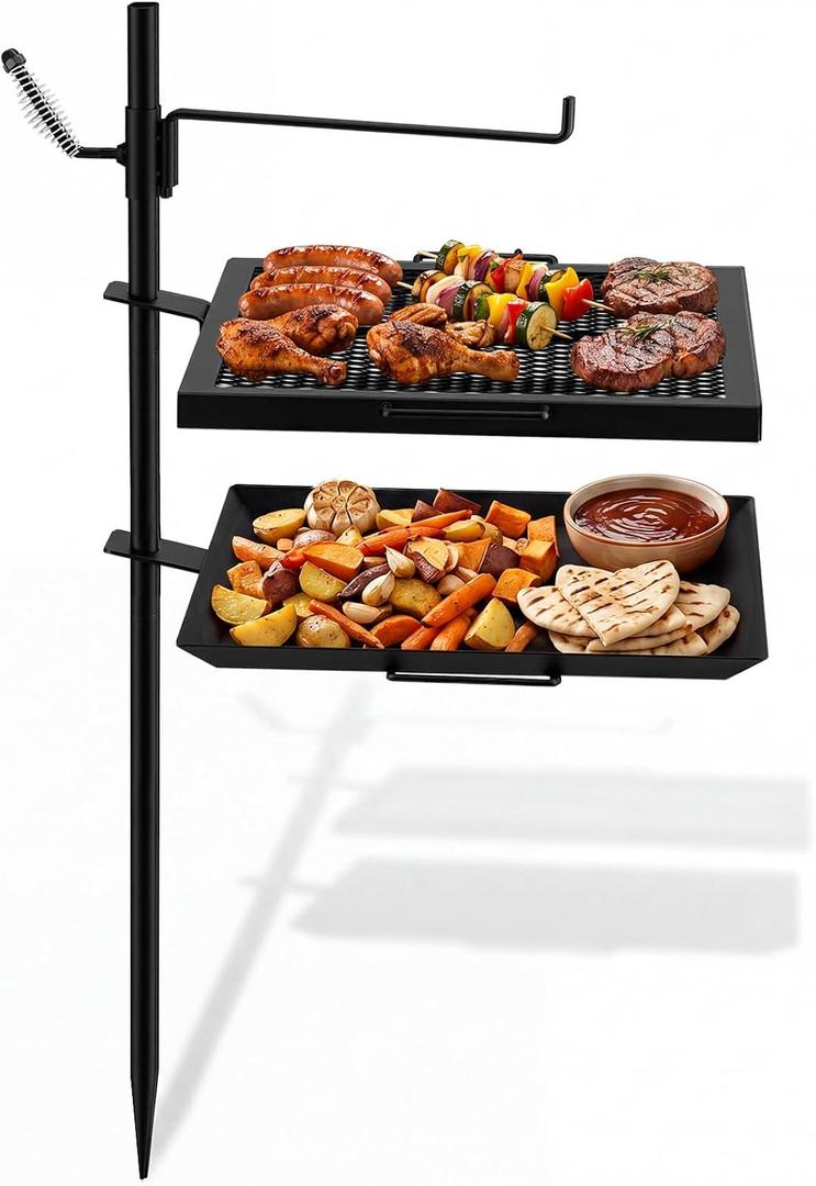 24" Fire Pit Campfire Grill Grate, 18.5" x 16" Portable Open Fire Cooking Grill Grate Round Camping Cooking Barbecue Rack Heavy-duty, Easy Setup & Adjustable Height for Outdoor Camping BBQ