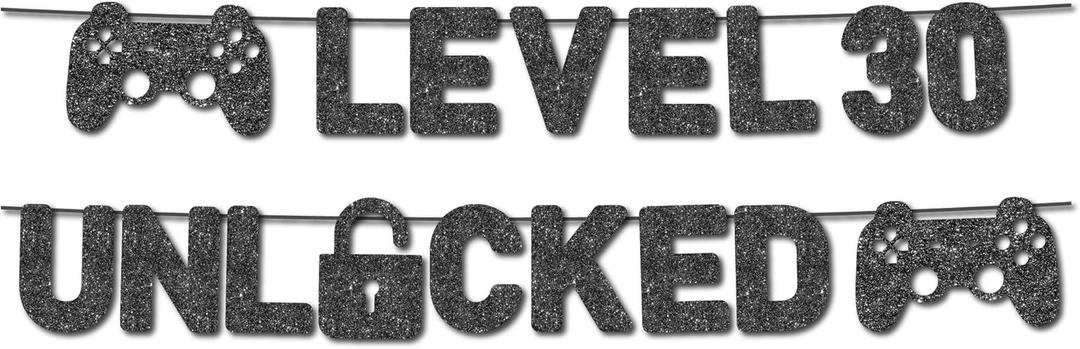 Pre-Strung Level 30 Unlocked Banner - NO DIY - 30th Birthday Banner - Happy 30th Birthday Banner - Black Glitter