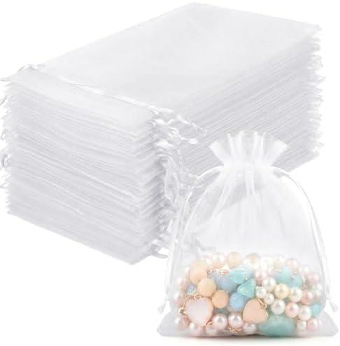 FUNFERY 100 Pcs White Organza Bags 3x4 in, Small Mesh Drawstring Gift Bags for Sachet, Jewelry, Wedding Favor, Candy Goodie Treat Bag,Easter Day