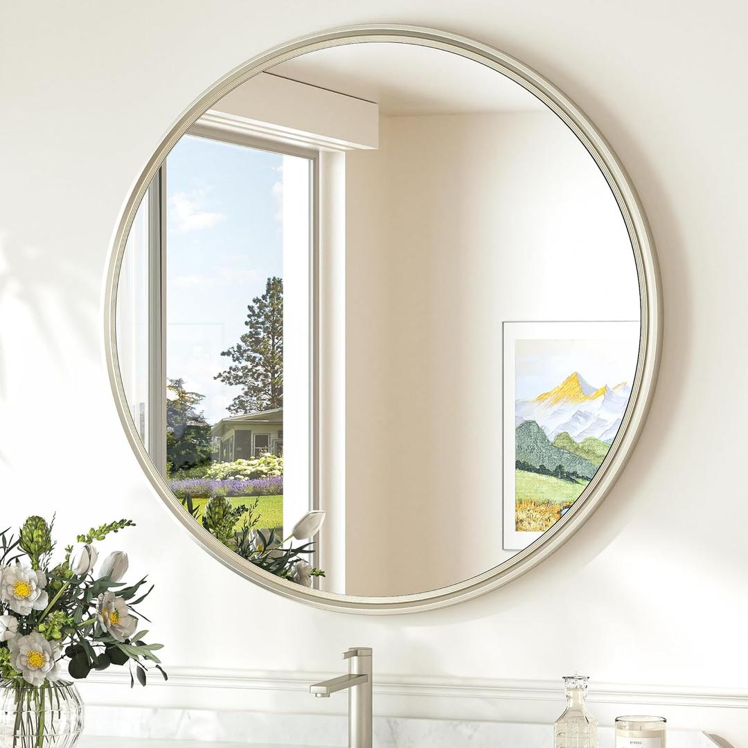 TokeShimi 24 Inch Circle Bathroom Mirror Brushed Nickel, Tempered Round Wall Mirror, Shatterproof 24x24 Hanging Wall Mirrored Farmhouse for Bedroom, Entryway, Restroom, Vanity, Living Room