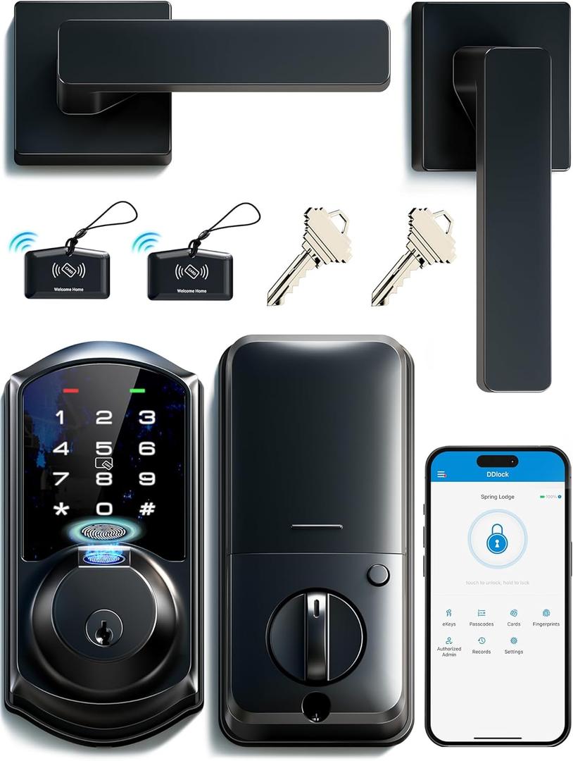 Veise VE07-L Fingerprint Smart Locks for Front Door with Zinc Alloy Handle Set, App Control, Keyless Entry, Electronic Digital Keypad Deadbolt, Auto Lock, Waterproof, Easy to Install, Matte Black