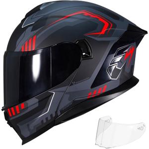 Motorcycle Helmet,Motorcycle Dual Visor Flip up Modular Full Face Helmet JR-815,DOT Approved Motorbike Helmet with 2 Visors for Adults Men Women(M,Matte Red Evolve)