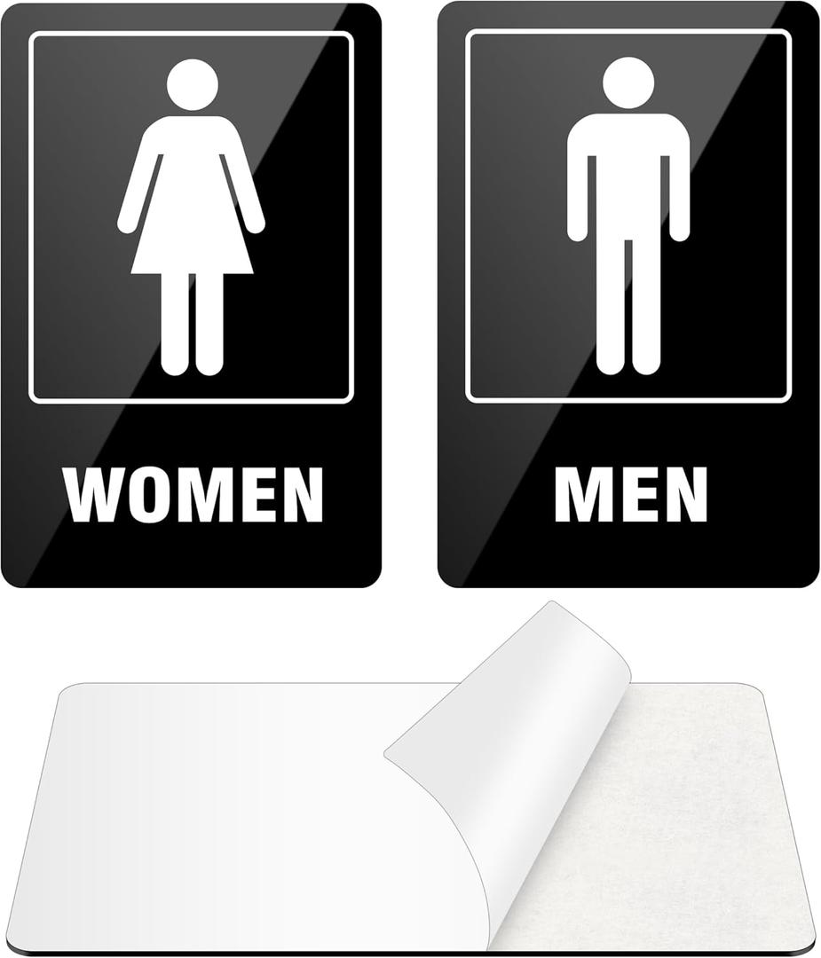 (2 PACK) Restroom Sign, Self-adhesive Restroom Signs for Business, Aluminum Restroom Sign for Home, Bathroom Metal Signs for Door and Wall, Rust free for Indoor Outdoor Use (9" x 6", Black Women and Men)
