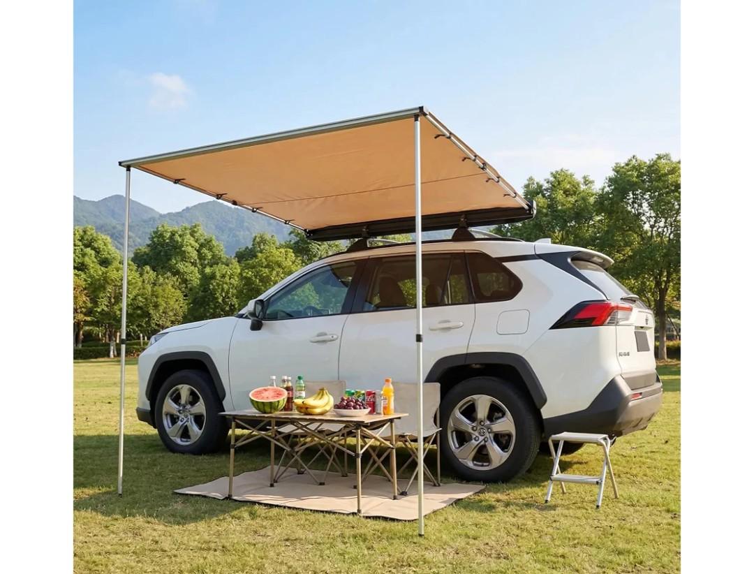 Car Awning, Vehicle Awning of Alu for SUV Truck Van Roof Rack, Retractable 5x6.7 ft Side Awning with UV50+ Sun Protection, 600D Oxford Waterproof Canopy, Height Adjustable 4.3 to 8.7 ft, Storage Bag
