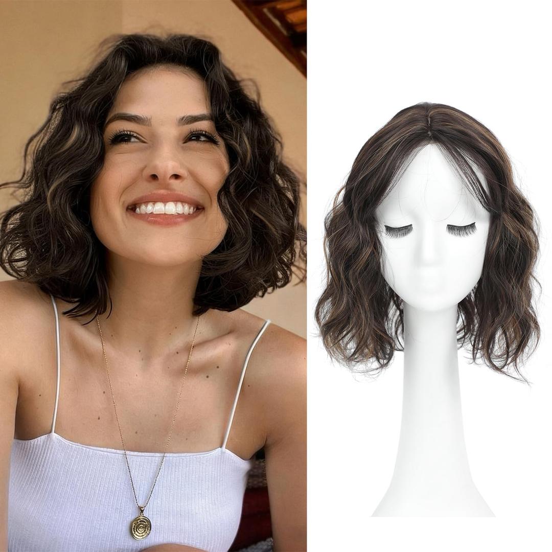 UDU Short Wavy Hair Topper for Women, 11Inch Lightweight & Breathable Synthetic Wiglet for Volume and Gray Hair Coverage, Heat Resistant Natural Hairpiece for Summer Look (Dark Brown with Highlights)