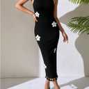 SOLY HUX Women's Sleeveless 3D Floral Bodycon Halter Long Dress Fringe Trim Sleeveless Vacation Party Dresses (Black, M)