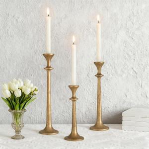 Gold Taper Candle Holders Set of 3 Heavy Cast Iron Antique Brass Candlestick Holder for Table Centerpiece Vintage Decorative Candelabra for Home Decor Fireplace Wedding Holiday Christmas Halloween