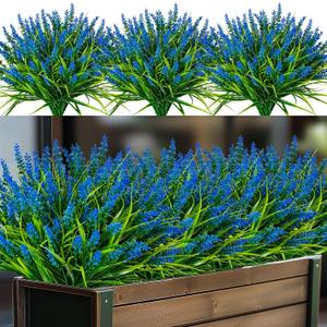 Nigirior Artificial Flowers for Outdoor Plants 24 Bundles Fake Lavender Plastic Faux Monkey Grass for Verandah Window Garden Office Patio Front Porch UV Resistant for Planter(Blue)