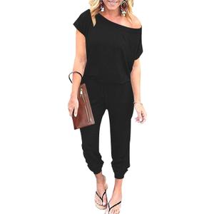ANRABESS Women's Plus Size Loose Solid Off Shoulder Elastic Waist Stretchy Long Romper Jumpsuit with Pockets 203heise-XXL WFF03