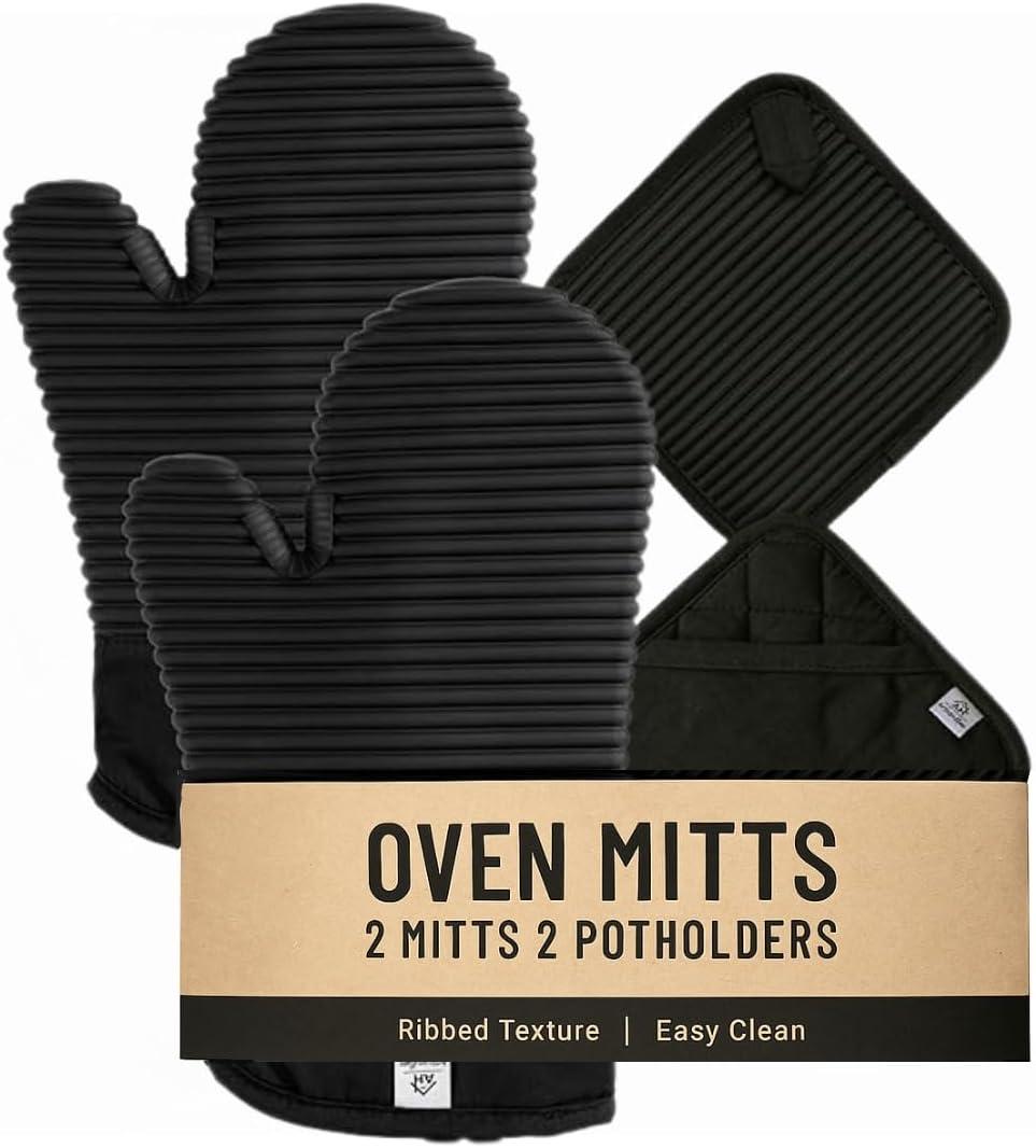 Extra Long Silicone Oven Mitts & Potholders Set - Heat Resistant 500F Kitchen Gloves with Pot Holders, BPA-Free Waterproof Baking Mitts, Non-Slip Grip, 4-Piece Set, Black