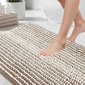 HDFK Bath Mat & Bathroom Rug - Machine Washable Soft Chenille Shower Carpet, Maximum Absorbency Non-Slip with Odorless Hot Melt Base, Slim Striped Design for Bathtub Floors (24x16 Inch, Tan & White)