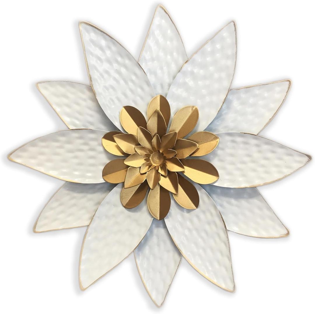 Metal Flower Wall Art Decor,10" Rustic Modern Antique Floral Sculpture, Distressed Iron Wall Hanging Home Decoration Accent Artworks for Indoor Kitchen Bedroom Living Office Outdoor Garden Patio (38C-White)