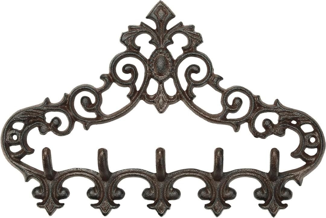 Sungmor Cast Iron Rustic Coat Hook Hanger with 5 Hooks - Practical Iron Storage Organizer/Wall Hooks Hanging Rack - Pretty Pattern Charming Wall Decor for Keys Clothes Hats