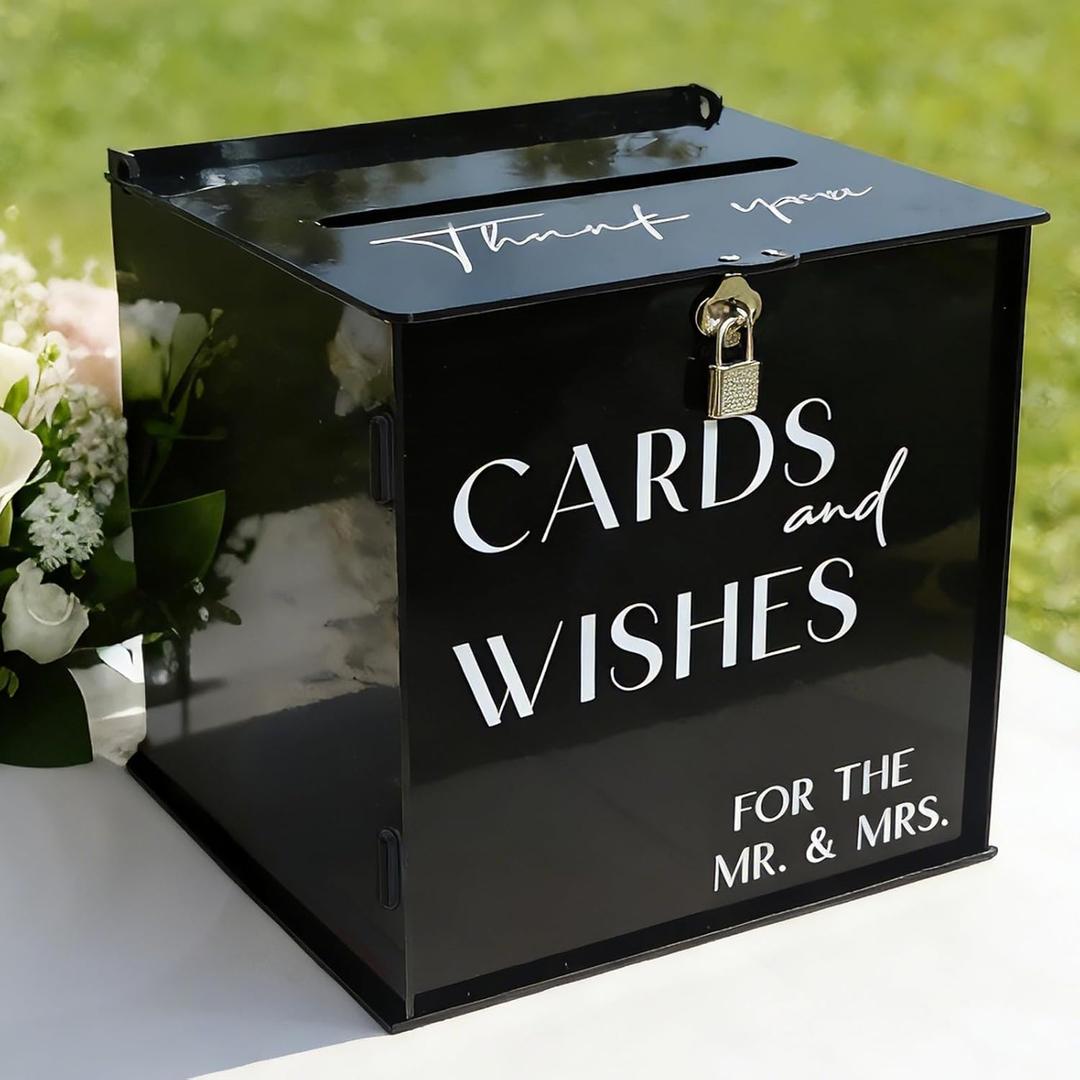 Black Acrylic Card Box with Slot & Lock, Gothic Wedding Card Boxes for Reception, Stylish Money Envelop Gift Cards Box for Party Wedding Engagement Bridal Shower Anniversary Table Decor