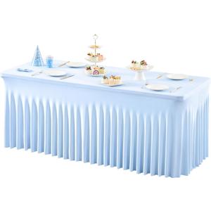 1 Pack Baby Blue Table Clothes for 4 Foot Rectangle Tables, One-Piece Wrinkle Resistant Stretch Spandex Table Covers with Skirt for Event Banquet Wedding Birthday Party