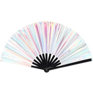 Folding Fan UV Glow Rave Bamboo Summer Hand Fan Laser Silver Decoration Dancing Party Wedding Night Club Concert Festival Large (Multicoloured-18, M)