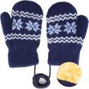 Baby Warm Knit Mittens for Infant Kids Girls Boys 0-2T | Soft Thick Faux Plush Lined, Snowflake Pattern, Elastic Windproof Cuff, Newborn Toddler Fit, 33.5" Neck Lanyard, Cold Weather (Blue)