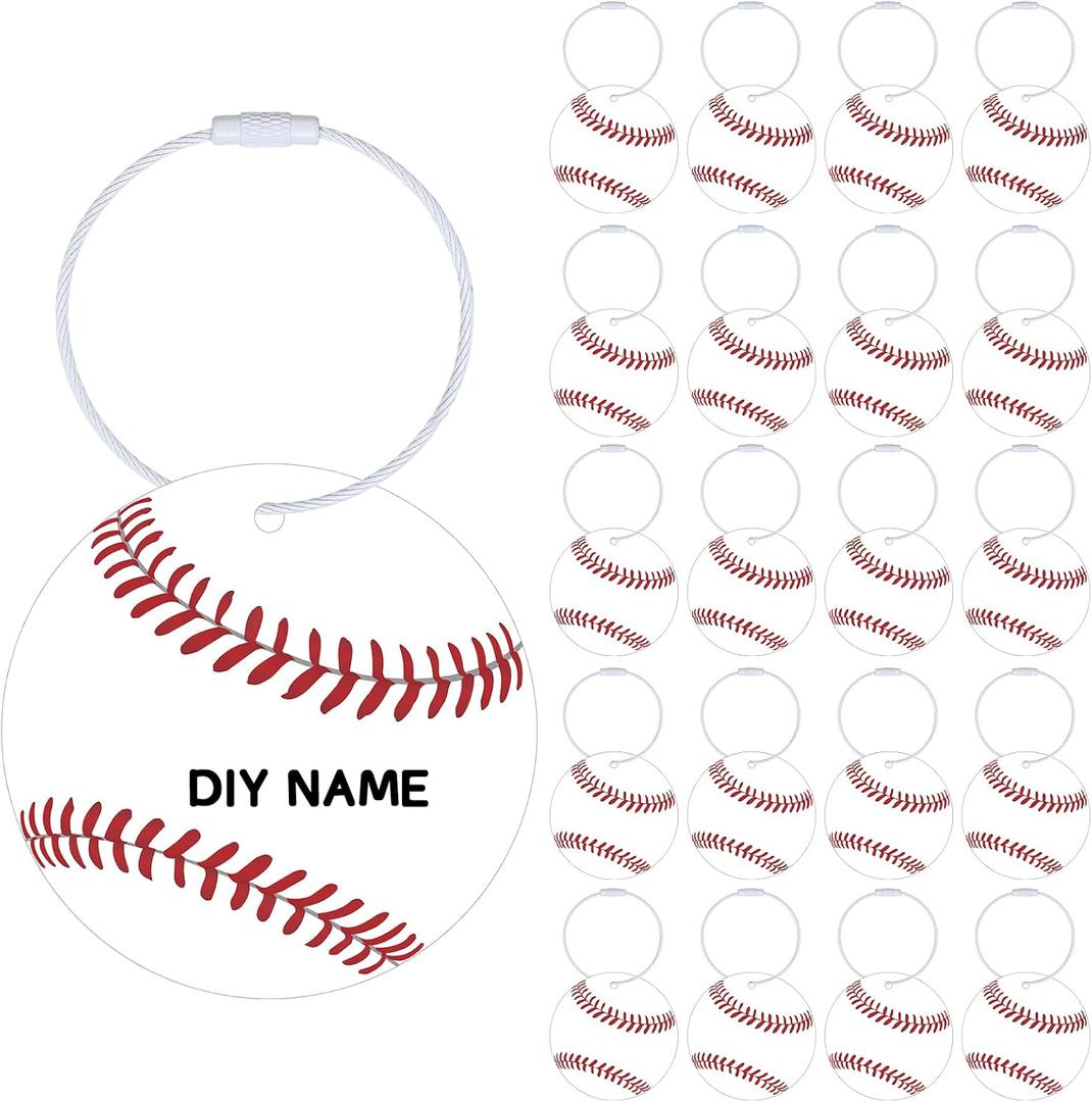 Liliaafar 24 Pcs Baseball Luggage Tags Bulk Baseball Ball Bag Tags for Travel Suitcase Keychain DIY Accessories 2.8'' PVC Name Labels Number ID Card with Metal Ring for Team Gifts
