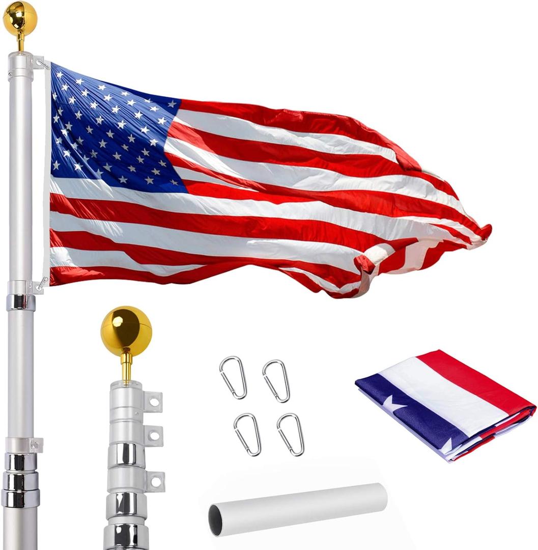 14 Gauge 20FT Telescoping Flag Pole Kit, Heavy Duty In Ground Telescopic Flag Poles with 3x5 American Flag, Outdoor Old Glory Flagpole Kits for Outside, Yard, Residential or Commercial (Silver)