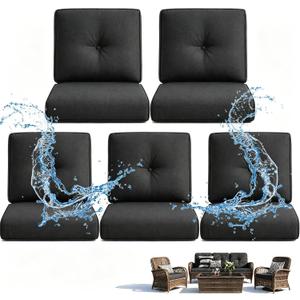 Outdoor Wicker Chair Replacement Cushions Set of 5, 4" Thick Waterproof Removable Patio Furniture Seat Cushion and High Back, 22 x25 Inch Chairs Loveseat Couch Sectional Sofa with Zipper, Black