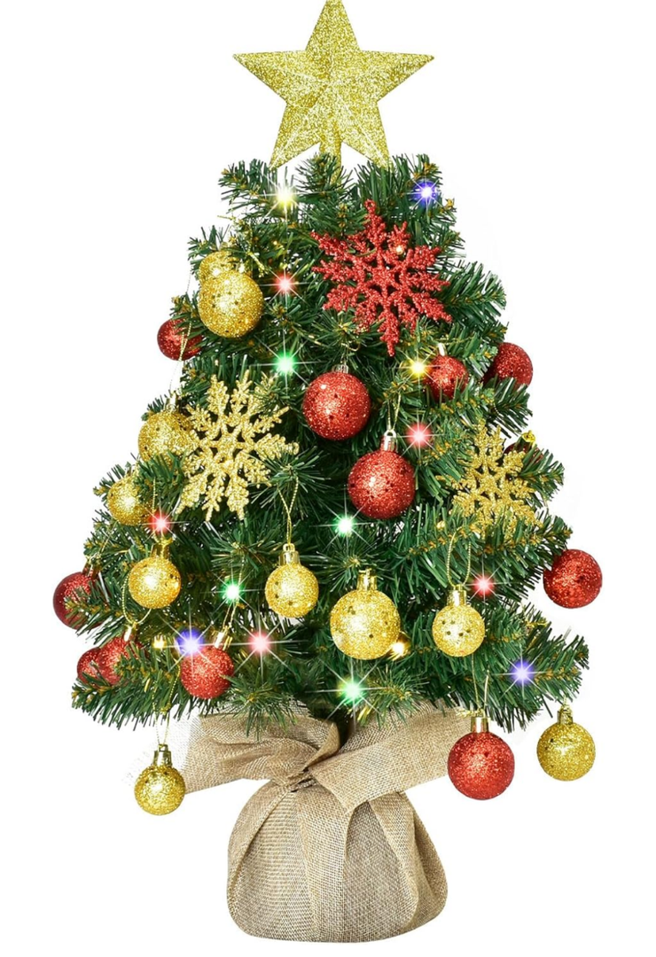 HOYECHI 24" Mini Christmas Tree - Small Christmas Tree Tabletop Christmas Tree Artificial Xmas Tree with Lights, Star Treetop, Ornaments Balls, DIY Christmas Decorations - Green & Gold