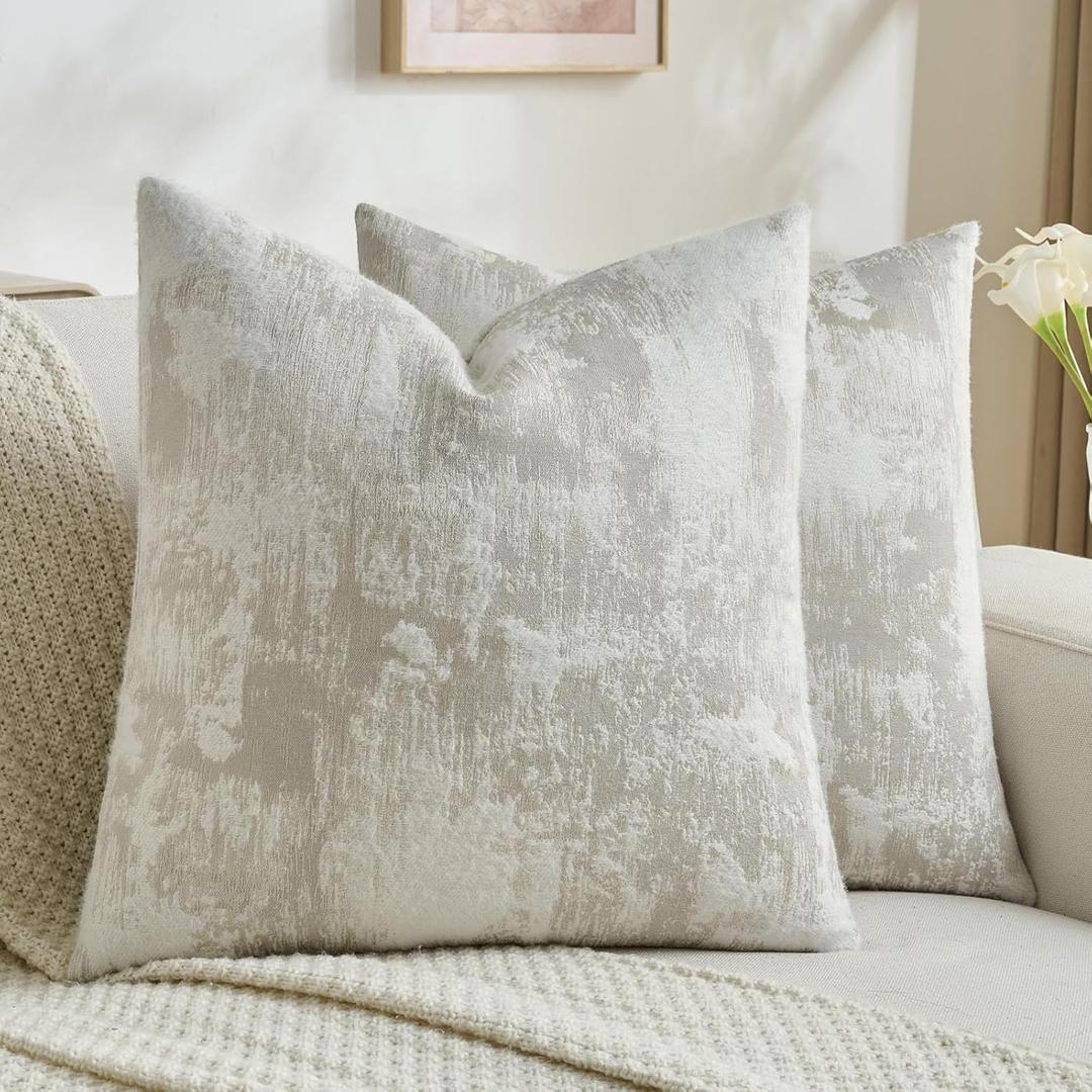 FUTEI Pack of 2 Faux Cashmere Jacquard Throw Pillow Covers 18x18 Inch Soft Marble Pattern Vintage Decorative Cushion Case Modern Farmhouse Accent for Couch Bed Living Room, Beige White