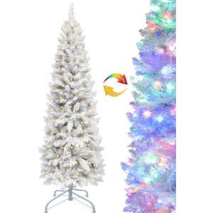 5 Ft Prelit Artificial Pencil Christmas Tree Decoration with 8 Modes 100 LED Warm Lights Plug in 380 Branch Tips Metal Stand Slim Tree Xmas Decor Indoor Outdoor Home Holiday (White)