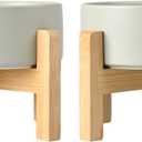 SPUNKYJUNKY Ceramic Elevated Dog Bowls 2 Pack - 8.3inch Raised Dog Bowls with Non-Slip Wooden Stand for Large Dogs Dishwasher Safe(Grey,60OZ*2)