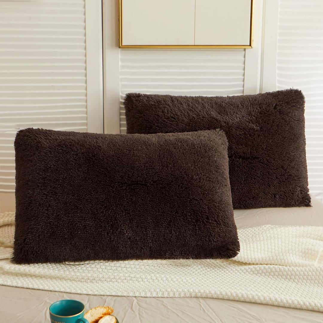 LIFEREVO 2 Pack Shaggy Plush Faux Fur Pillow Shams Velvet Reverse,20"x36" Fluffy Decorative Pillowcases with Zipper Closure for Couch,Sofa,Bed(Dark Brown,King)