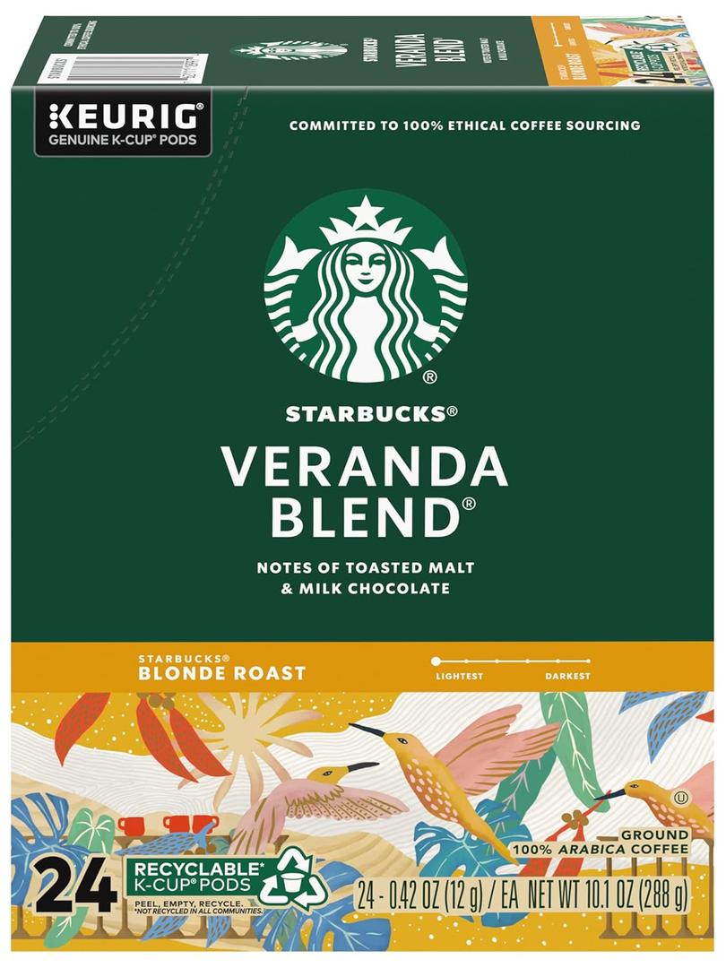 Starbucks Coffee K-Cup Pods, Veranda Blend, Blonde Roast Coffee, Notes of Toasted Malt & Milk Chocolate, Keurig Genuine K-Cup Pods, 24 CT K-Cups/Box (Pack of 4 Boxes) Best By Jan. 11, 2026