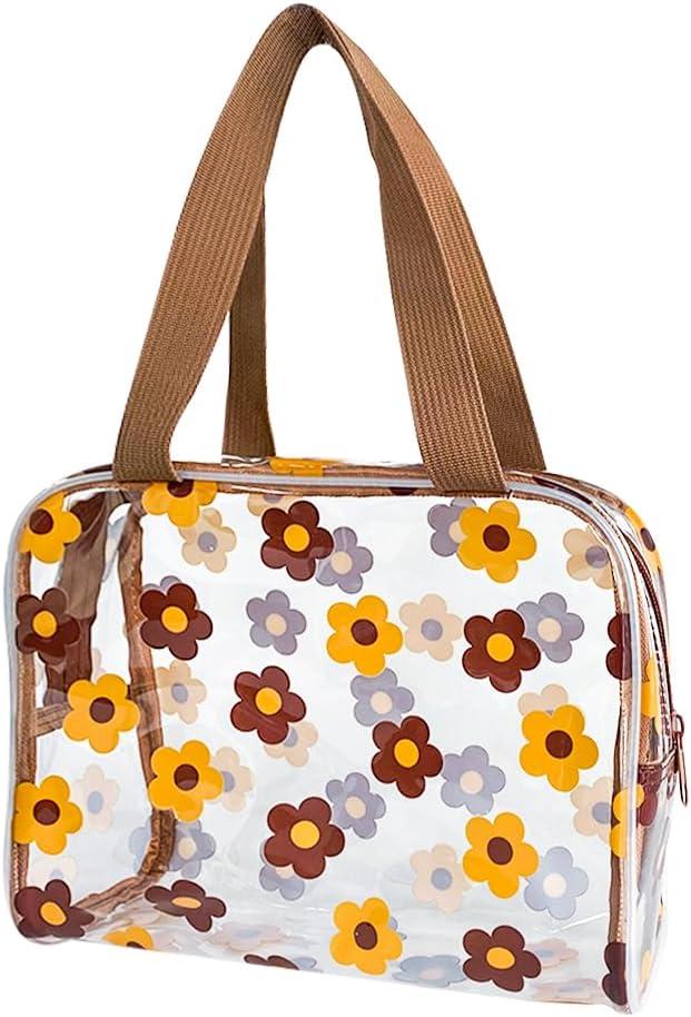 TotePrint Clear Floral Hand Bag and Travel Cosmetics Pouch with Handle,Durable Waterproof PVC Versatile Smooth Zipper Design (Yellow+Brown)