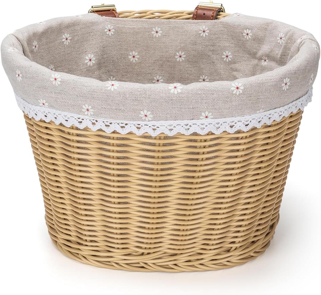 CXWXC Bike Basket - Front Bicycle Bike Basket for Girls Women - Handmade Woven Wicker Bike Baskets with Liner Detachable, Adjustable PU Straps, Medium