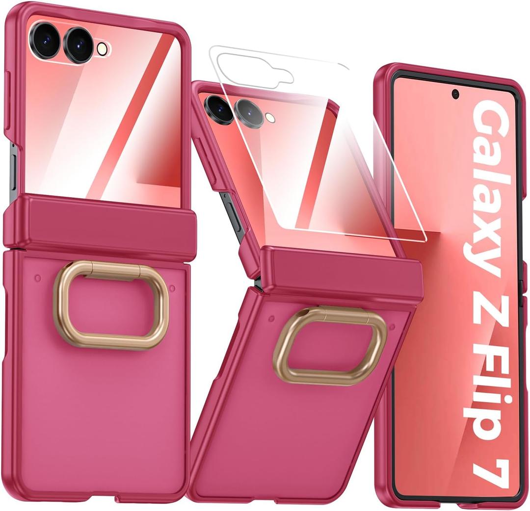 Vizvera for Samsung Galaxy Z Flip 7 Case with Ring Holder[Slim Design][Screen Protector][Hinge Protection] Translucent Matte Shockproof Protective Phone Case for Galaxy Z Flip 7(Ring Magenta)