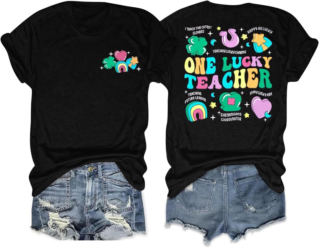 St Patricks Day Shirt Women One Lucky Teacher St. Patrick's Day Shirts for Women School Teach Shirt (Black, M)