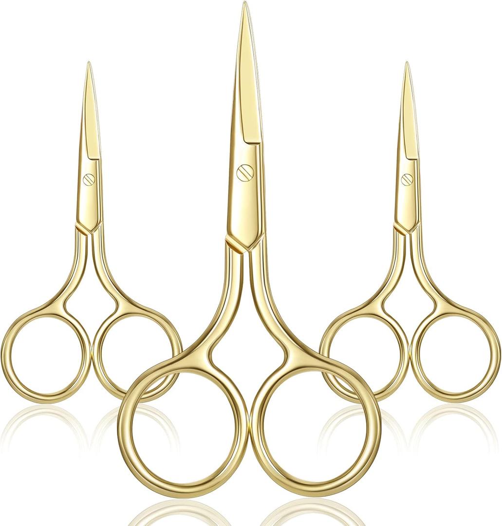 Mudder 3 Pack Small Nose Scissors Facial Hair Trimming Mini Beauty Stainless Steel Grooming Pointed Scissor for Grooming Eyebrows, Nose, Mustache, Beard(Gold)