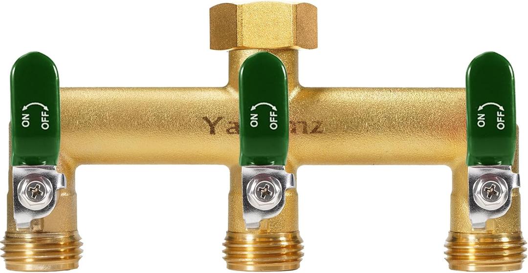 Garden Hose Splitter, 3/4 Rust and Freeze Resistant Outdoor Hose Manifold with 3 green Extra Long Handles Faucet Adapter-Heavy Duty Brass 3-Way Valve