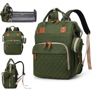 Diaper Bag with Changing Station, Waterproof 3 in 1 Baby Diaper Backpack with Foldable Changing Pad, Large Travel Back Pack for Girl Boy, Green