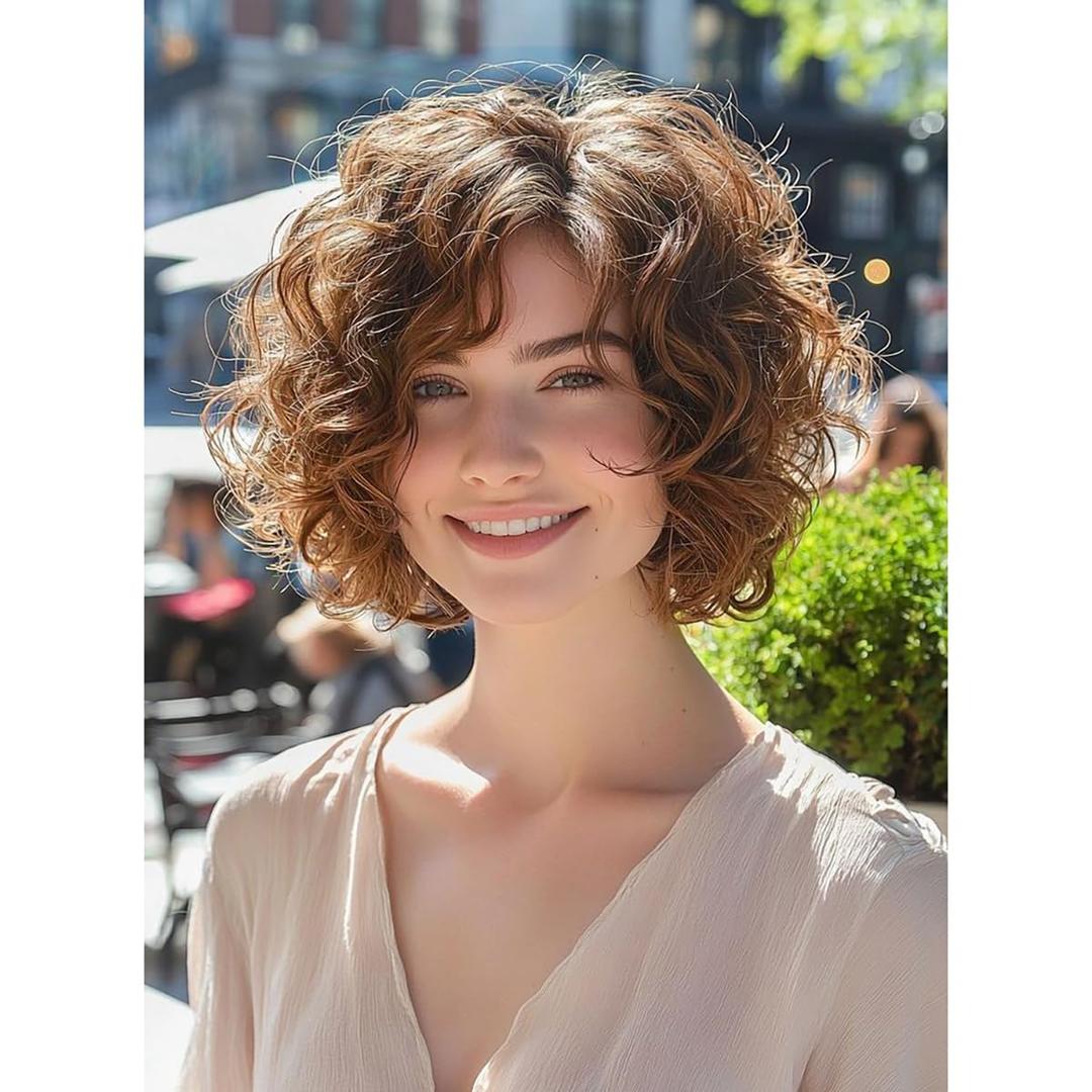 Short Curly Light Brown Wigs for Women Natural Looking Synthetic Cosplay Hair WigLight Brown