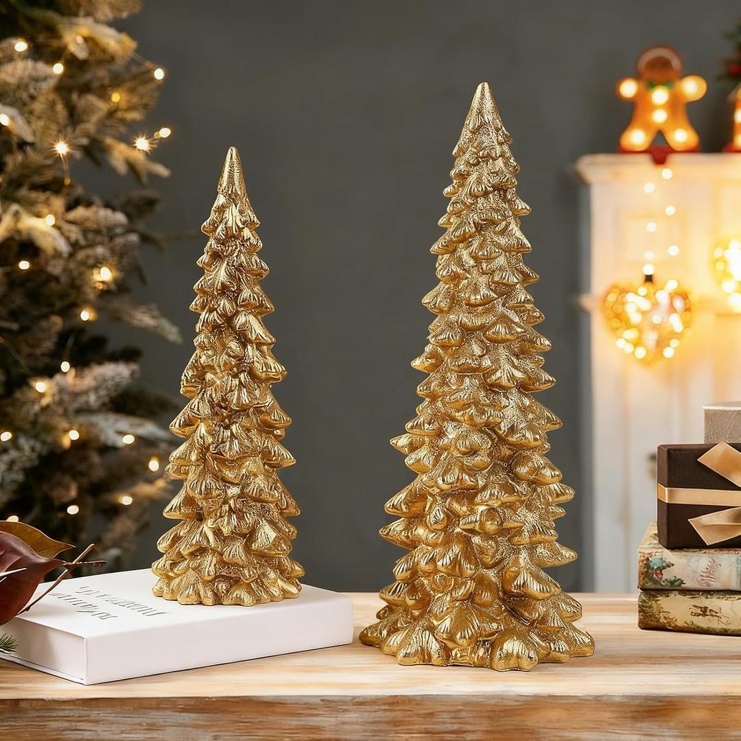 Set of 2 Gold Glitter Resin Trees,Small Pine Tree Figurines Decorative Christmas Trees Tabletop Centerpieces Decor for Christmas,Xmas,Holiday,9.6'' / 6.1''