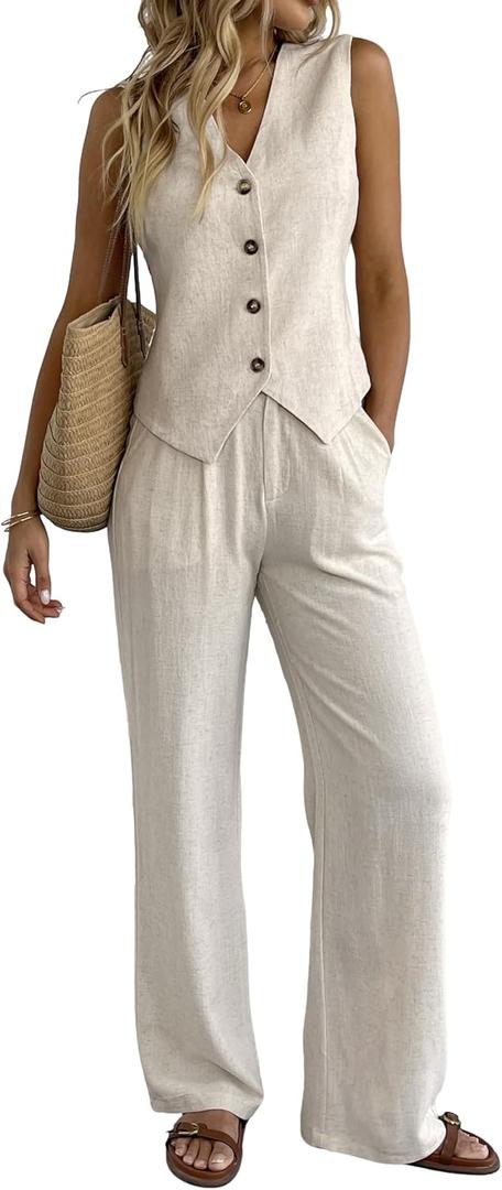 Women's 2 Piece Outfits Linen Vest Waistcoat Dressy Casual Sets Wide Leg Pants Suits (Large Tall, Beige)