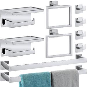 Blulu Bathroom Accessories Set 23.6 Inch Toilet Paper Holder with Phone Shelf Bathroom Hardware Set Towel Ring Robe Hook Stainless Steel Towel Holder Kit Wall Mounted(Silver,10 Pcs)