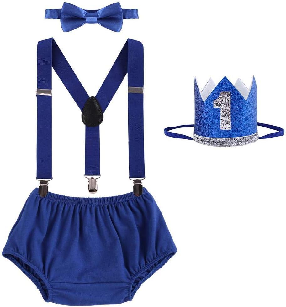 IBTOM CASTLE Baby Boy 1st Birthday Cake Smash Outfit Jungle Wild ONE Shorts+Suspenders+Bowtie+Crown 4pcs Set for Photo Shoot (Blue)