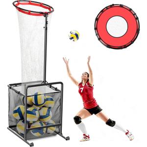 Volleyball Setter Training Net, Portable Volleyball Setter Training Equipment with 2 Rubber Wheels and 6 Angle and Height Adjustments and 2 Target Hoop Size and Ball Collection Bag and Carrying Bag