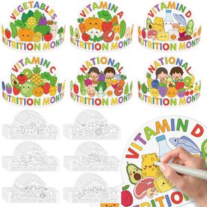 2 x National Nutrition Month Crowns - 48 Set Premium Cardstock Coloring Crowns with Adjustable Elastic Bands Healthy Fruits Veggies Theme for DIY Color Your Own Crown Crafts Educational Events
